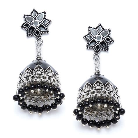 Buy PANASH Black & Silver-plated Meenakari Jhumkas Online