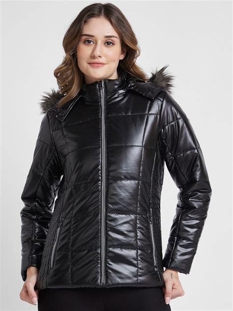 Buy SPYKAR Hooded Regular Quilted Jacket With With Faux Fur Trim ...