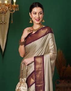 Buy yourwish Woven, Checkered Banarasi Cotton Silk Beige Sarees Online ...