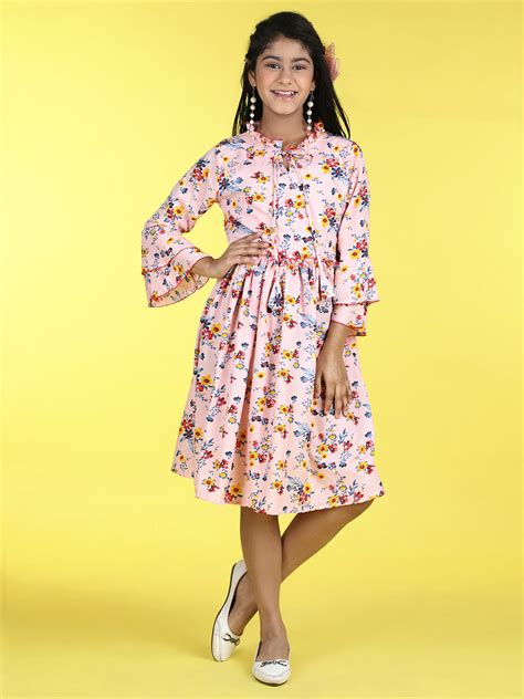 Cutiekins Mandarin Collar Printed Flared Dress-Peach & Grey