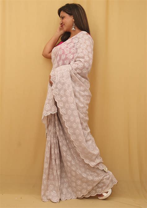 Stunning Off White Chikankari Georgette Saree with Sequins Work