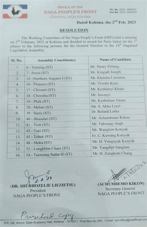 Nagaland: NPF announces first list of candidates for 16 constituencies ...