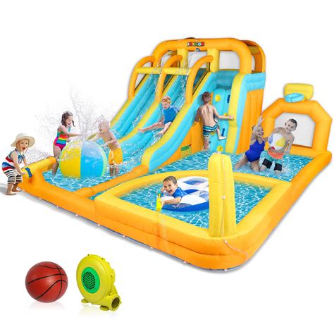 JOYMOR 8-in-1 Inflatable Water Slide Park w/ Splash & Deep Pool, Double ...