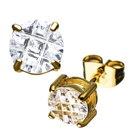 Buy Men's Gold Stainless Steel Grid Setting Round CZ Ear Studs Online ...