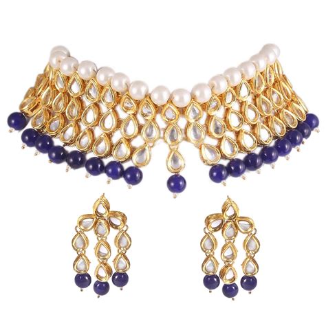Buy PANAASHE - RAJASTHANI KUNDAN with Blue Beads Choker Necklace Set at ...