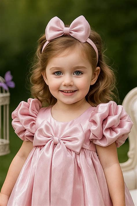 Onion Pink Puff Sleeve And Bow Embellished Frock For Girls – Lagorii Kids