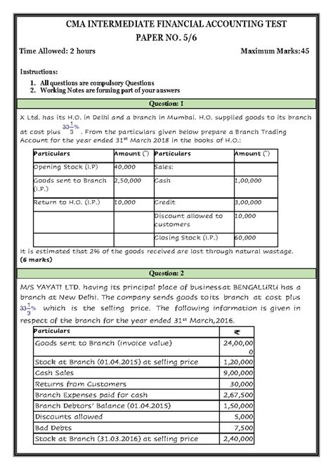 Branch Accounts - gggg - CMA INTERMEDIATE FINANCIAL ACCOUNTING TEST ...