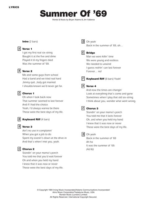 Summer Of 69 Lyrics Chords - Sheet and Chords Collection