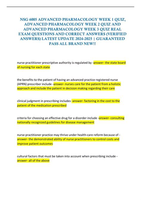 NSG 6005 ADVANCED PHARMACOLOGY WEEK 1 QUIZ, ADVANCED PHARMACOLOGY WEEK 2 QUIZ AND ADVANCED ...