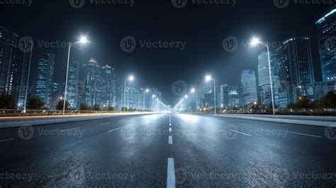 Night Cityscape with Empty Road and Illuminated Streetlights Leading ...