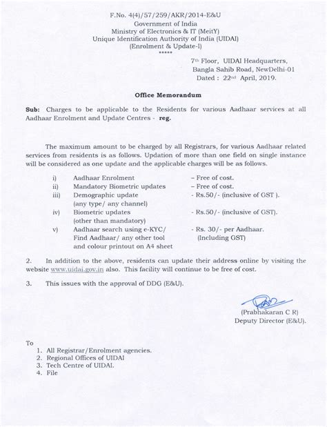 Charges to be applicable to the Residents for various Aadhaar services ...