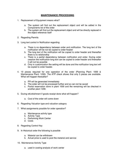 PM Certification exam questions - Dec 05 - MAINTENANCE PROCESSING ...