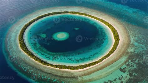 Aerial view of a circular coral reef surrounded by turquoise waters and ...