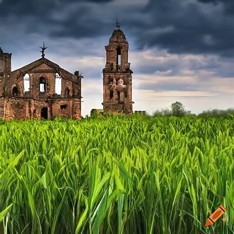 Detailed depiction of a sugar cane field with ruins of a Spanish church ...