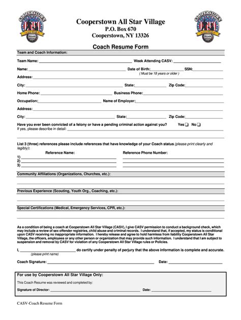 NY Cooperstown All Star Village Coach Form - Fill Online, Printable ...