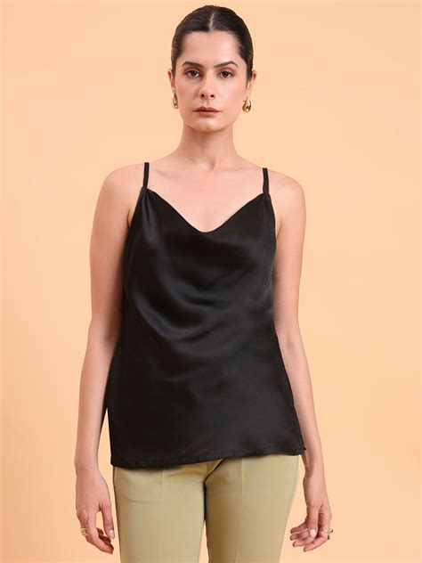 Black Cowl Neck Satin Tank Top