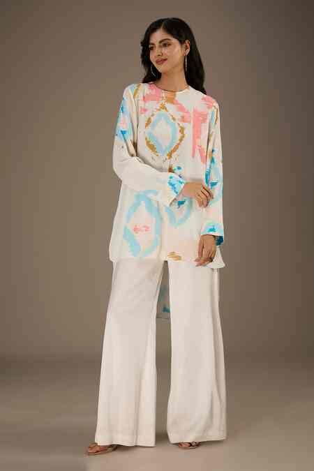 Buy White Crepe Print Ikat Splash Round Neck Tunic For Women by PS Pret ...