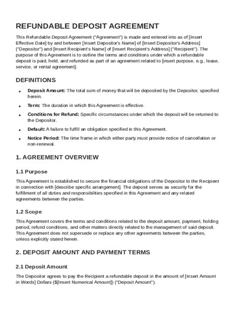 Refundable Deposit Contract Template - Blank Fillable Template | Fill ...