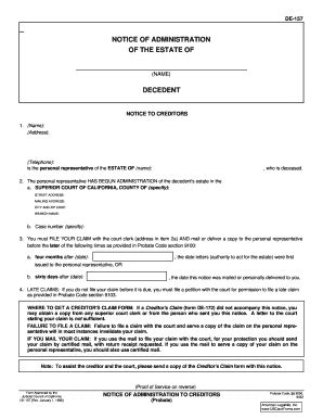 Bill Of Sale Form Notice Of Administration To Creditors | pdfFiller