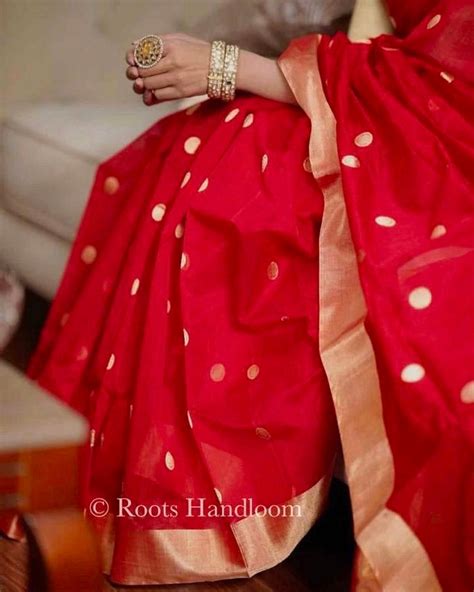 Red Chanderi Saree with zari bootis all over – Roots Handloom