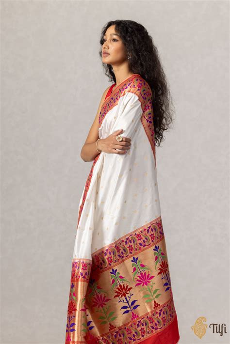 White-Red Pure Katan Silk Banarasi Paithani Handloom Saree - Tilfi