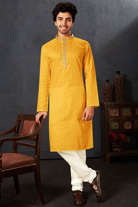 Turmeric Yellow Cotton Kurta Set With Embroidered Neck| Singhania's