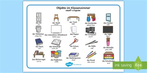 Deutsch-Arabische Objekte im Klassenzimmer Wortschatz: Querformat