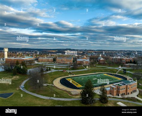 Aerial view of historic Westminster town in Carroll county Maryland with main street and ...