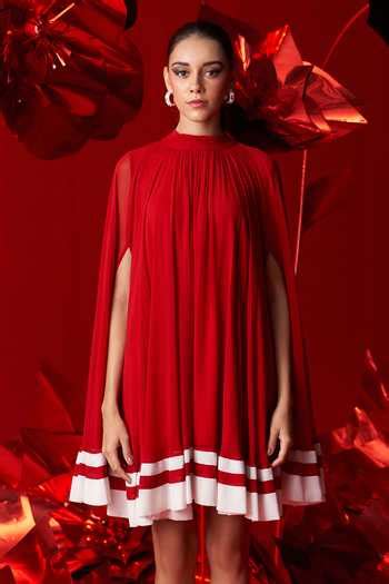Buy Red Viscose, Georgette, Cotton, Silk Halter Neck Leona Gathered ...