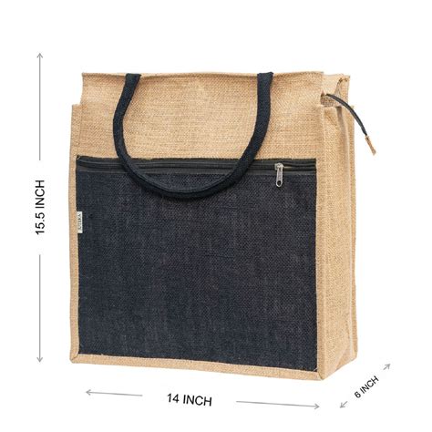 Natural Jute Tote Bag with Black Front Pocket & Zipper Closure (131 ...