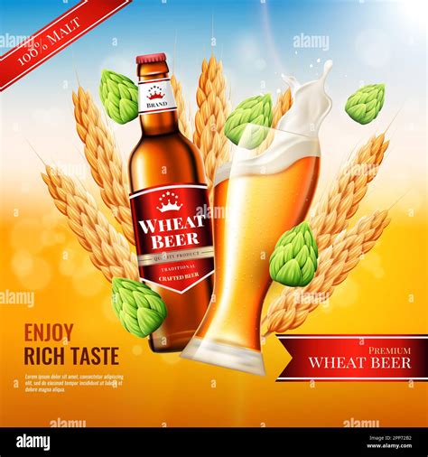 Realistic malt beer, ad promotion banner, bottle with label and glass ...