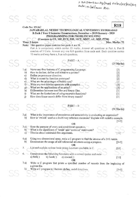 PPS Exam Paper Dec 2020 - B.Tech I Year I Sem (151AC) - Studocu