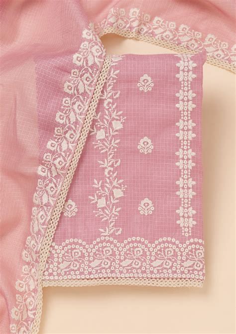 Buy Onion Pink Threadwork Cotton Blend Unstitched Salwar Suit - Koskii