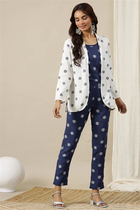 Buy White Polka Dobby Pure Cotton Blazer, Blue Printed Top and Pants ...