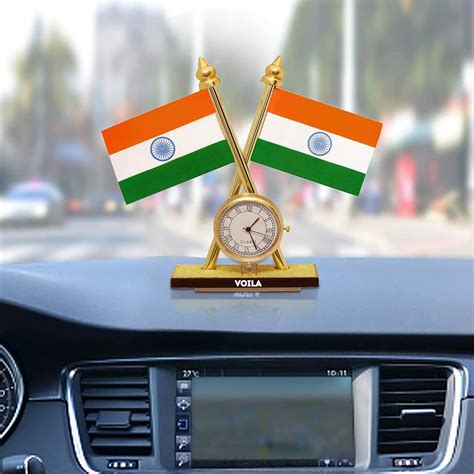 VOILA Indian Flag with Clock for Vehicle (Auto, Car, Bus, Truck) Dashb