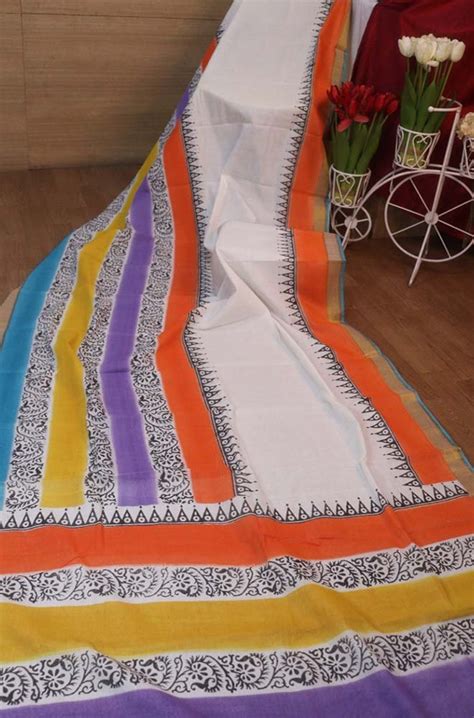 Off White Hand Painted Pure Kerala Cotton Saree - Luxurionworld