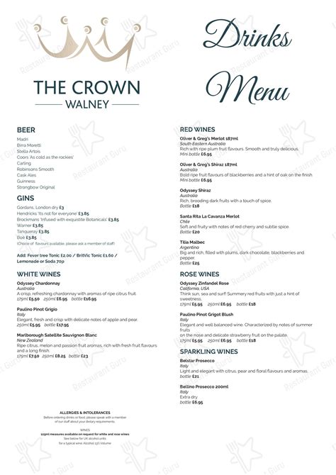 Menu at The Crown, Walney pub & bar, Barrow-in-Furness
