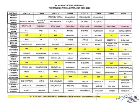 Exam Time table – St. Michael's School Durgapur