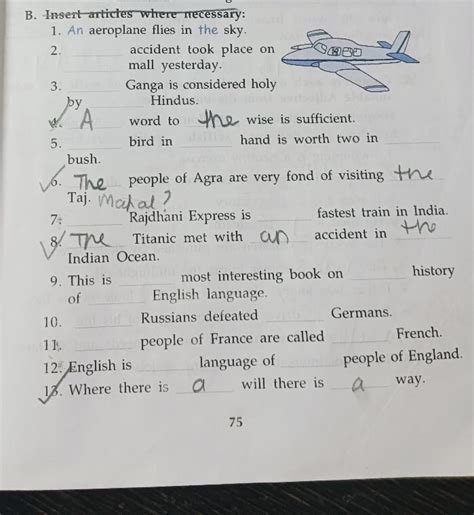 B. Insert articles where necessary:1. An aeroplane flies in the sky.2.