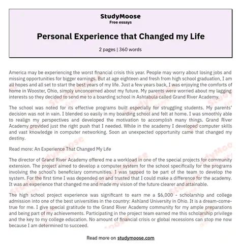 Personal Experience that Changed my Life Free Essay Example