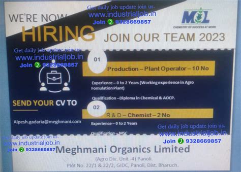 Meghmani Orgenics Limited Panoli Job vacancy for Production Research ...