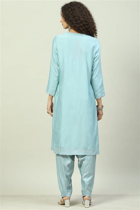 Powder Blue Cotton Blend Straight Kurta Salwar Pant Suit Set at Biba India