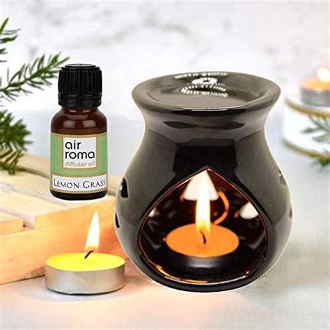Pure Source India Ceramic Clay Oil Burner Aroma Diffuser (Black) -Set ...