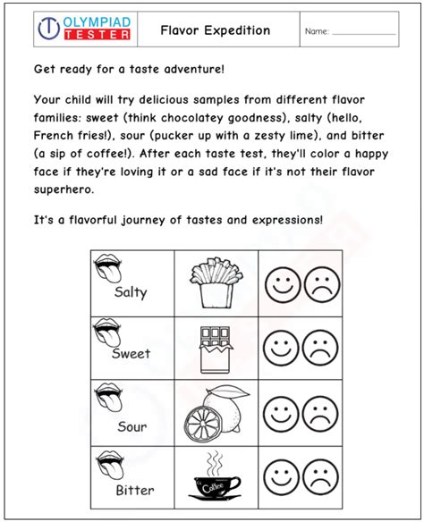 Kindergarten Worksheet:Taste Test Adventure for Kids! | Olympiad tester