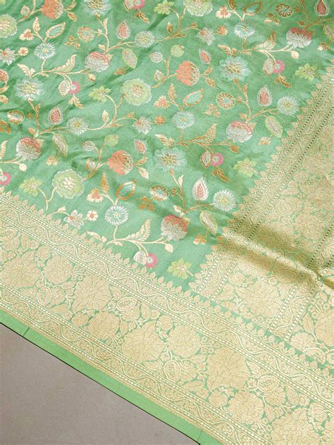 Handwoven Light Green Banarasi Meenakari Katan Silk Saree – Sumangal ...