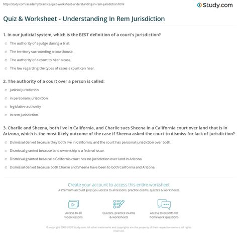 Quiz & Worksheet - Understanding In Rem Jurisdiction | Study.com