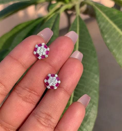 American Diamond Studded with Ruby Baguette Alanna Stud on Pure 925 Si ...