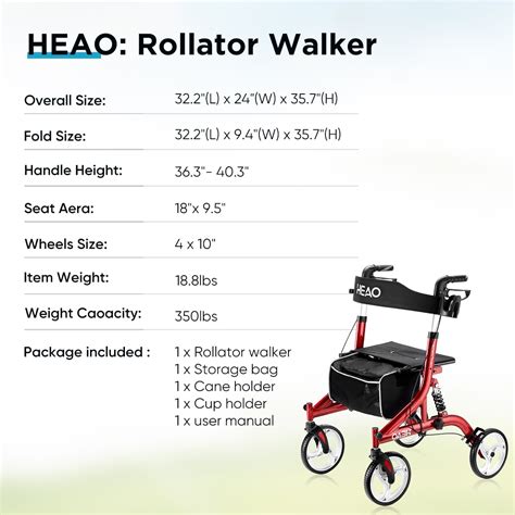 Buy HEAO Rollator Walker with Seat for Seniors,4 x 10 Wheels Upright ...