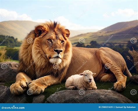Lion and Lamb Lay Down Together in the Field Stock Illustration ...