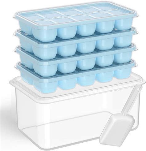 Ice Cube Tray with Lid and Bin, 4 Pack Silicone Plastic Ice Cubes Trays ...
